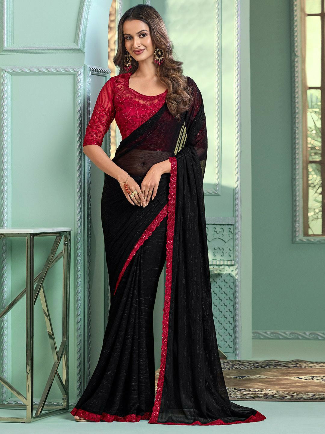 Embellished Black & Pink Embroidered Poly Georgette Saree