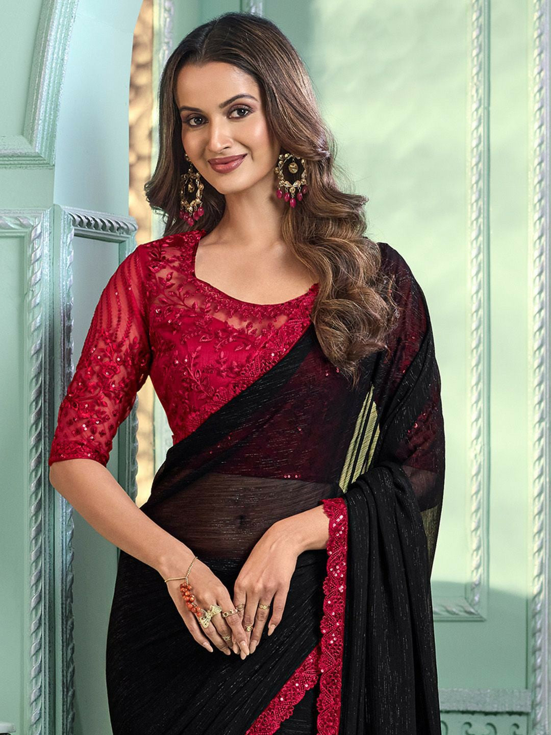 Embellished Black & Pink Embroidered Poly Georgette Saree