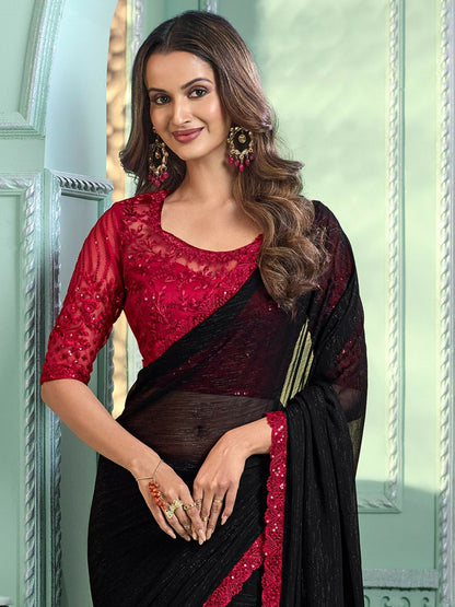 Embellished Black & Pink Embroidered Poly Georgette Saree
