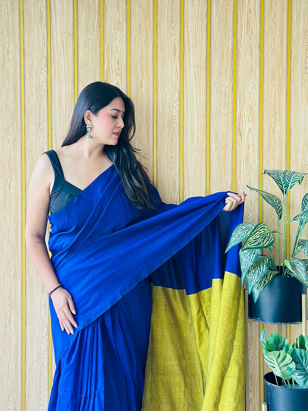 Blue & Yellow Solid Pure Cotton Saree with Unstitched Blouse