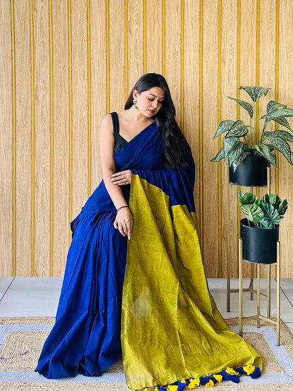 Blue & Yellow Solid Pure Cotton Saree with Unstitched Blouse