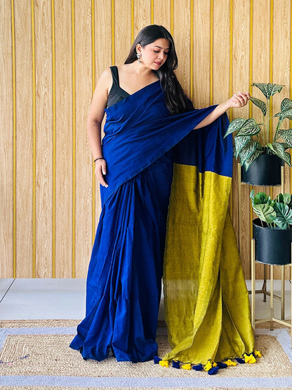 Blue & Yellow Solid Pure Cotton Saree with Unstitched Blouse