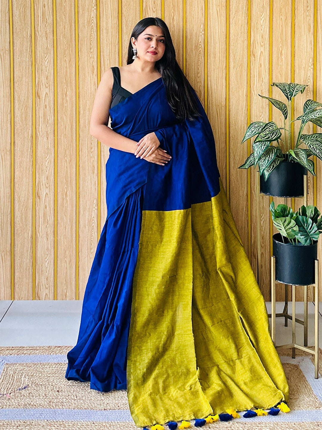 Blue & Yellow Solid Pure Cotton Saree with Unstitched Blouse