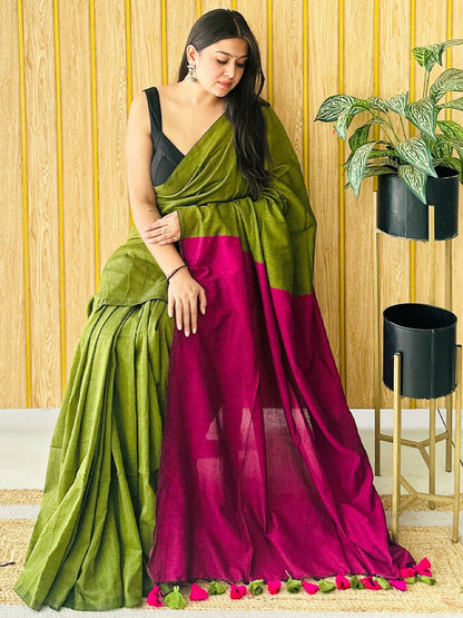Pure Cotton Green & Pink Khadi Saree with Woven Border