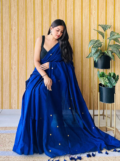 Women Teal Embellished Pure Cotton Saree with Blouse Piece