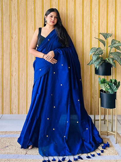 Women Teal Embellished Pure Cotton Saree with Blouse Piece