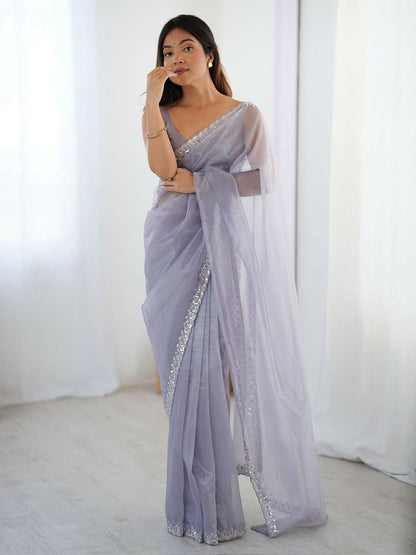Lavender Embellished Border Sequinned Net Saree with Blouse Piece