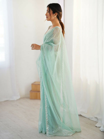 Turquoise Blue Beads & Stones Embellished Net Party Wear Saree