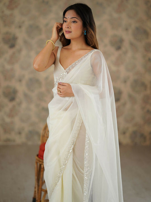 Embroidered Off White Net Saree with Beads and Stone Embellishment