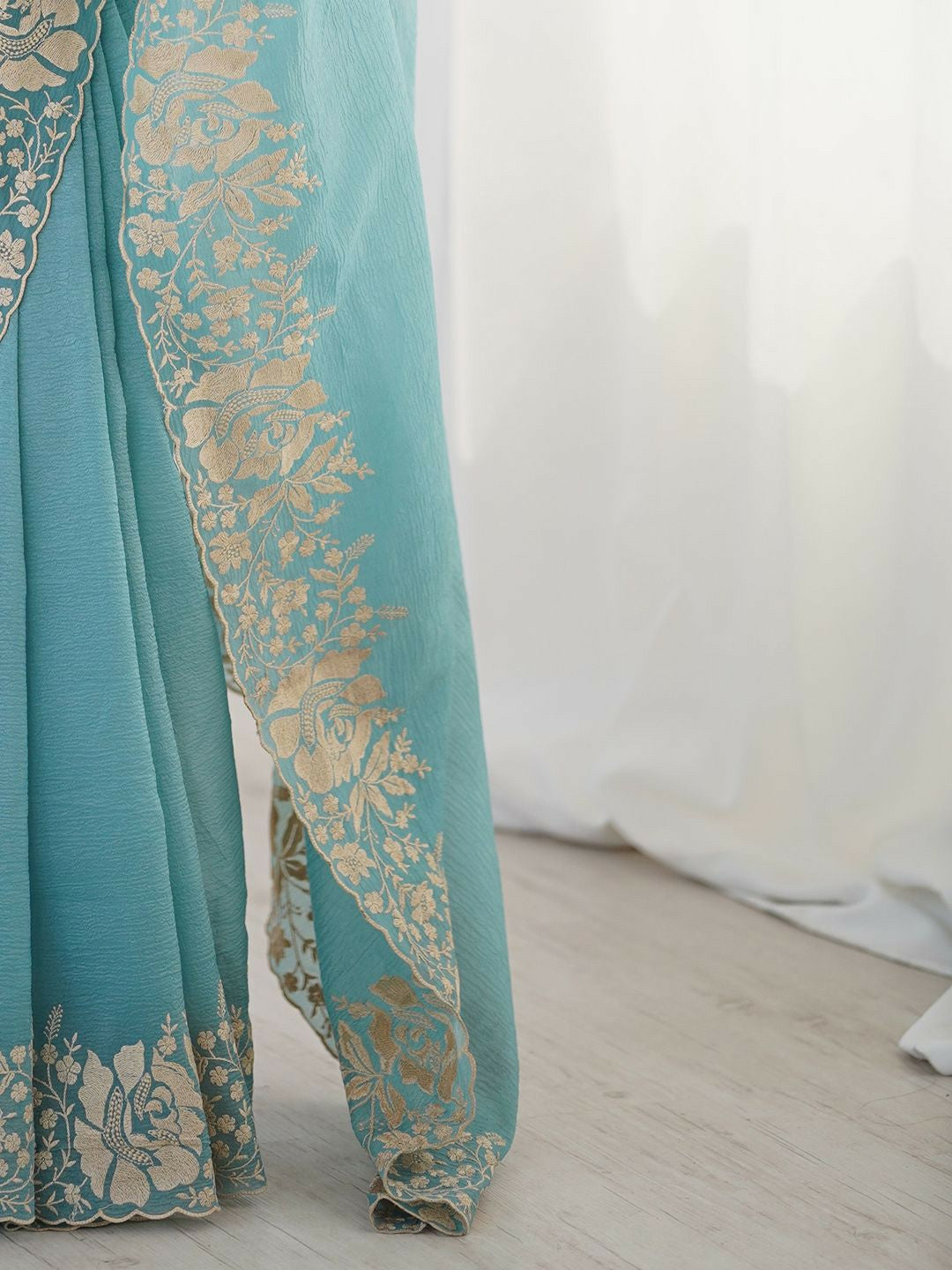 Blue Floral Aari Work Tissue Saree with Embroidered Border