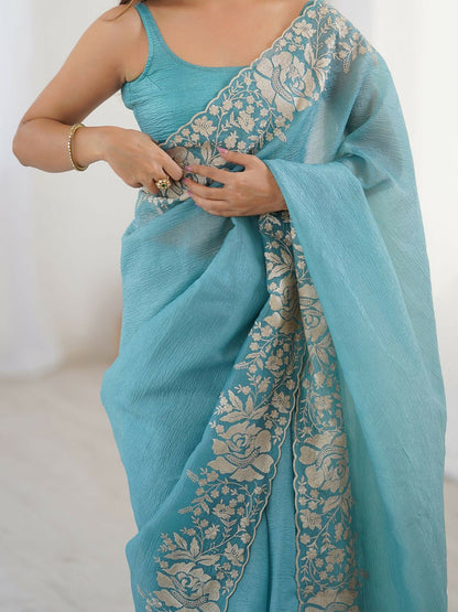 Blue Floral Aari Work Tissue Saree with Embroidered Border