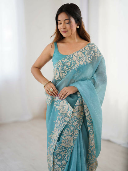 Blue Floral Aari Work Tissue Saree with Embroidered Border