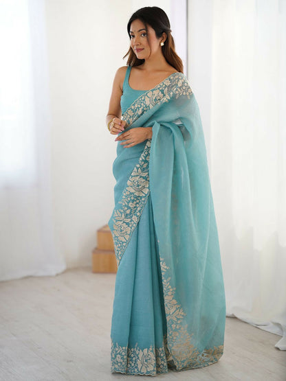 Blue Floral Aari Work Tissue Saree with Embroidered Border