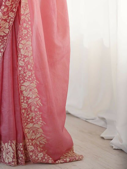 Floral Embroidered Pink & Gold Tissue Saree with Blouse Piece