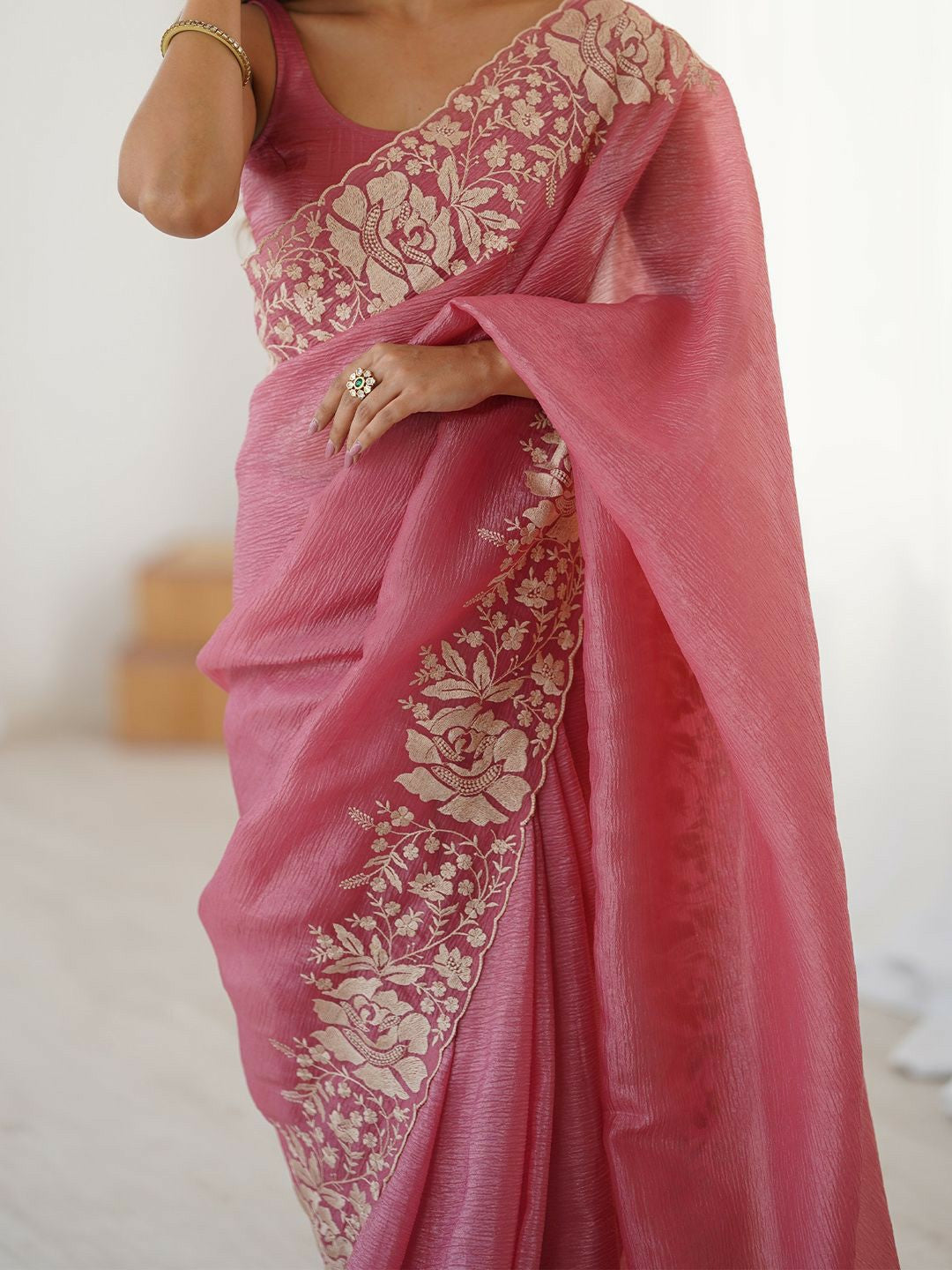 Floral Embroidered Pink & Gold Tissue Saree with Blouse Piece