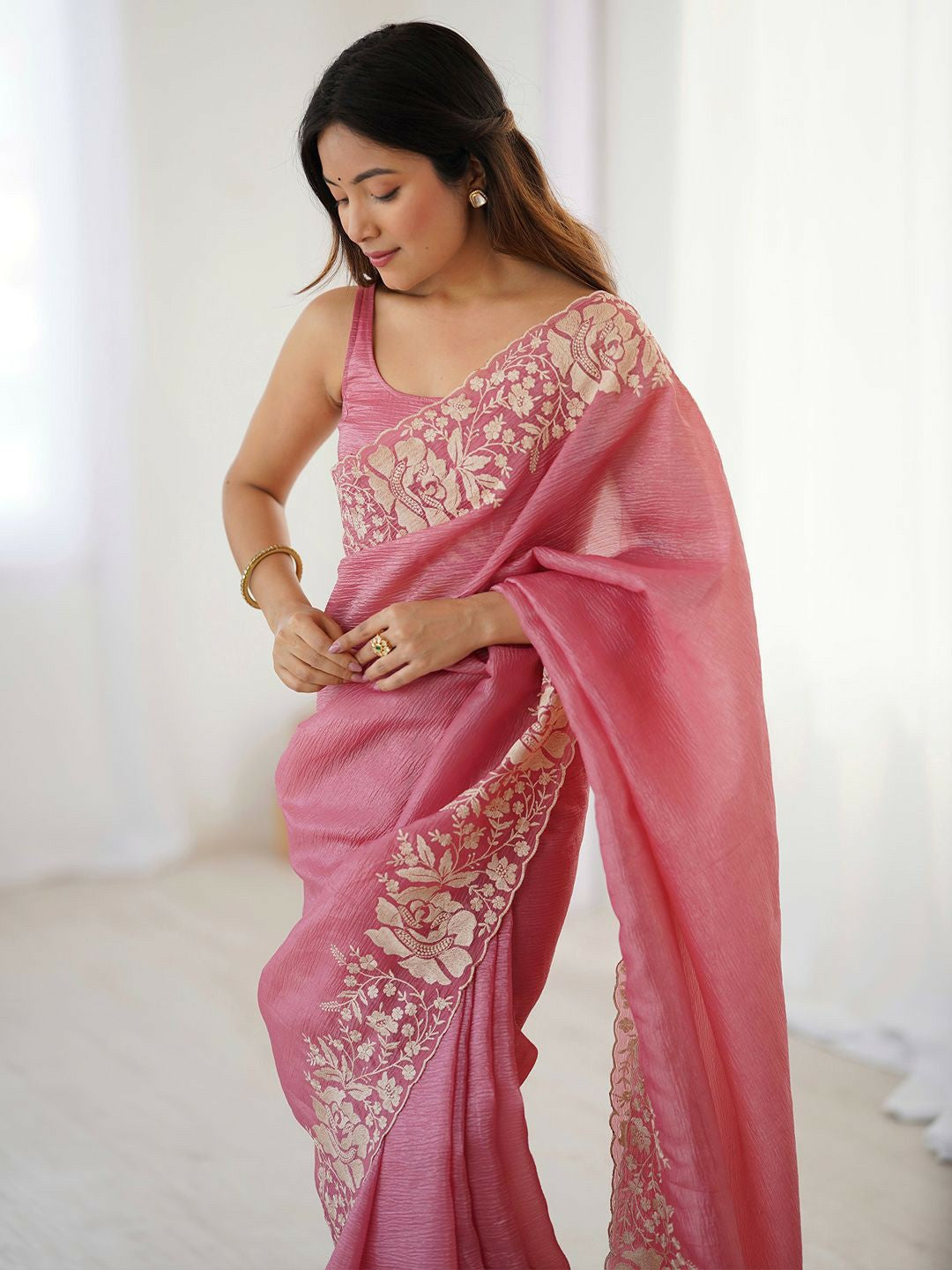 Floral Embroidered Pink & Gold Tissue Saree with Blouse Piece