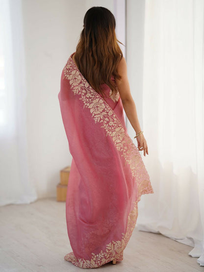 Floral Embroidered Pink & Gold Tissue Saree with Blouse Piece