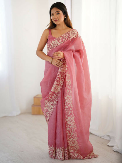 Floral Embroidered Pink & Gold Tissue Saree with Blouse Piece