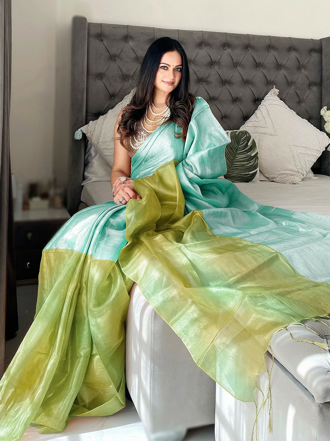 Ombre Teal Tissue Designer Saree with Woven Border