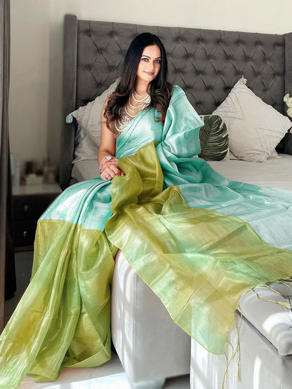 Ombre Teal Tissue Designer Saree with Woven Border