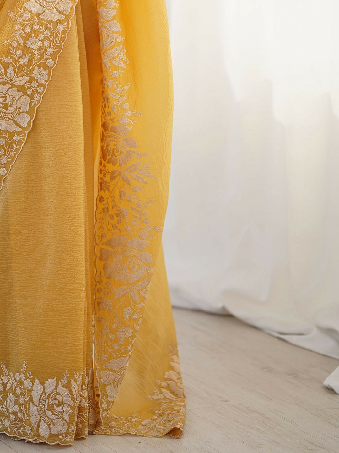 Floral Embroidered Mustard & Gold Tissue Saree with Blouse Piece