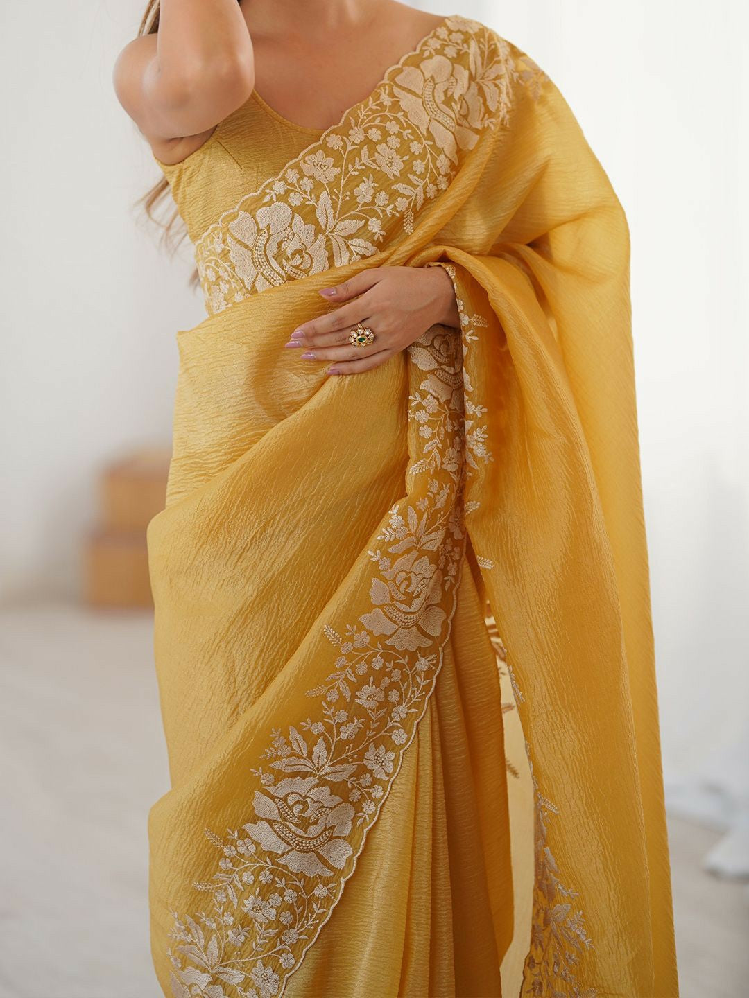 Floral Embroidered Mustard & Gold Tissue Saree with Blouse Piece