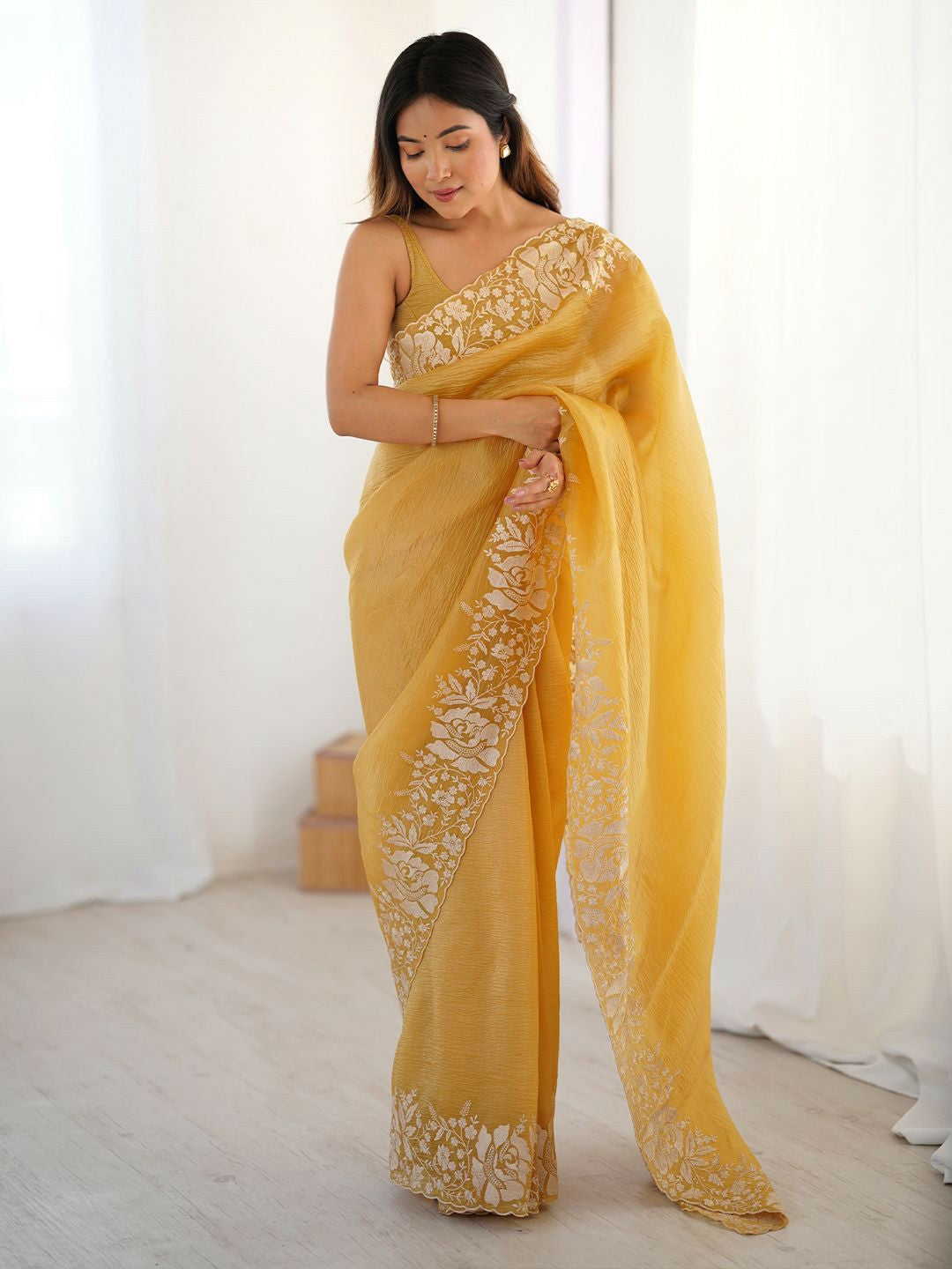 Floral Embroidered Mustard & Gold Tissue Saree with Blouse Piece