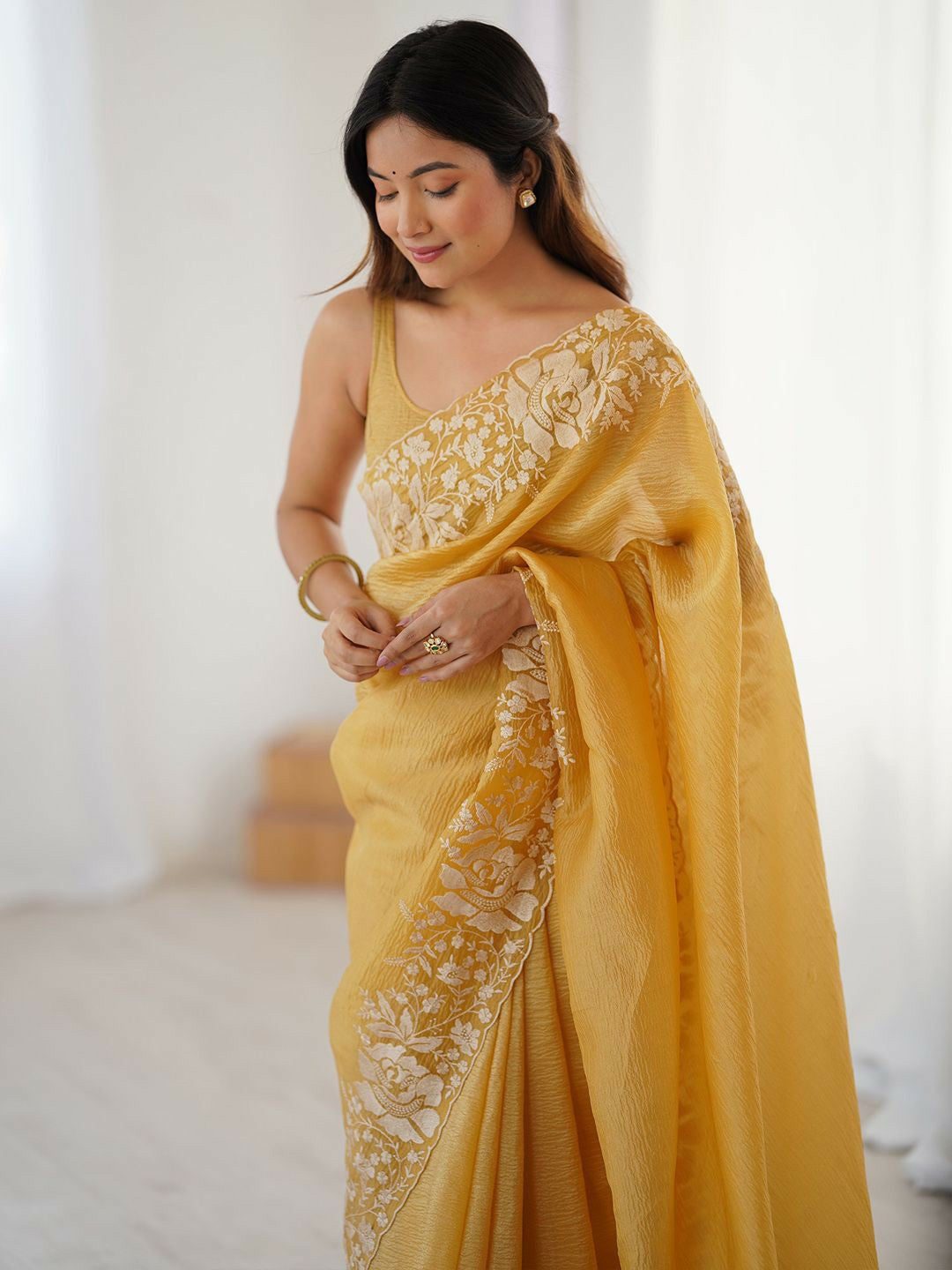 Floral Embroidered Mustard & Gold Tissue Saree with Blouse Piece