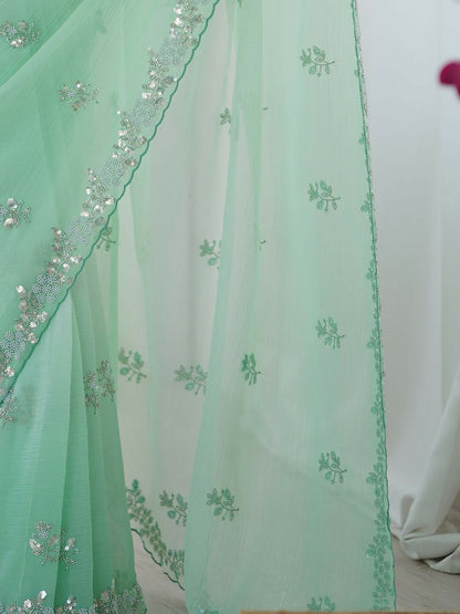 Embellished Beads & Stones Pure Chiffon Designer Saree- Green & White