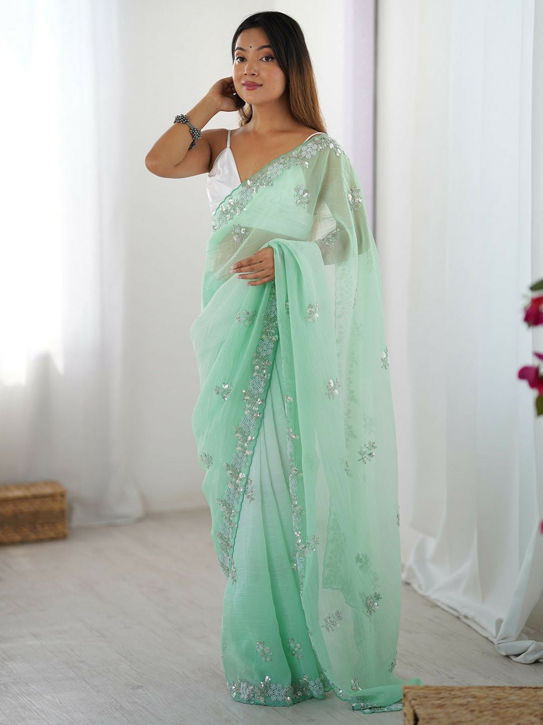 Embellished Beads & Stones Pure Chiffon Designer Saree- Green & White