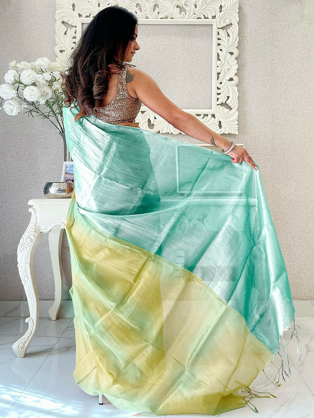 Ombre Teal Tissue Designer Saree with Woven Border