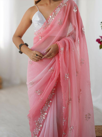 Pink & White Embellished Beads and Stones Pure Chiffon Saree