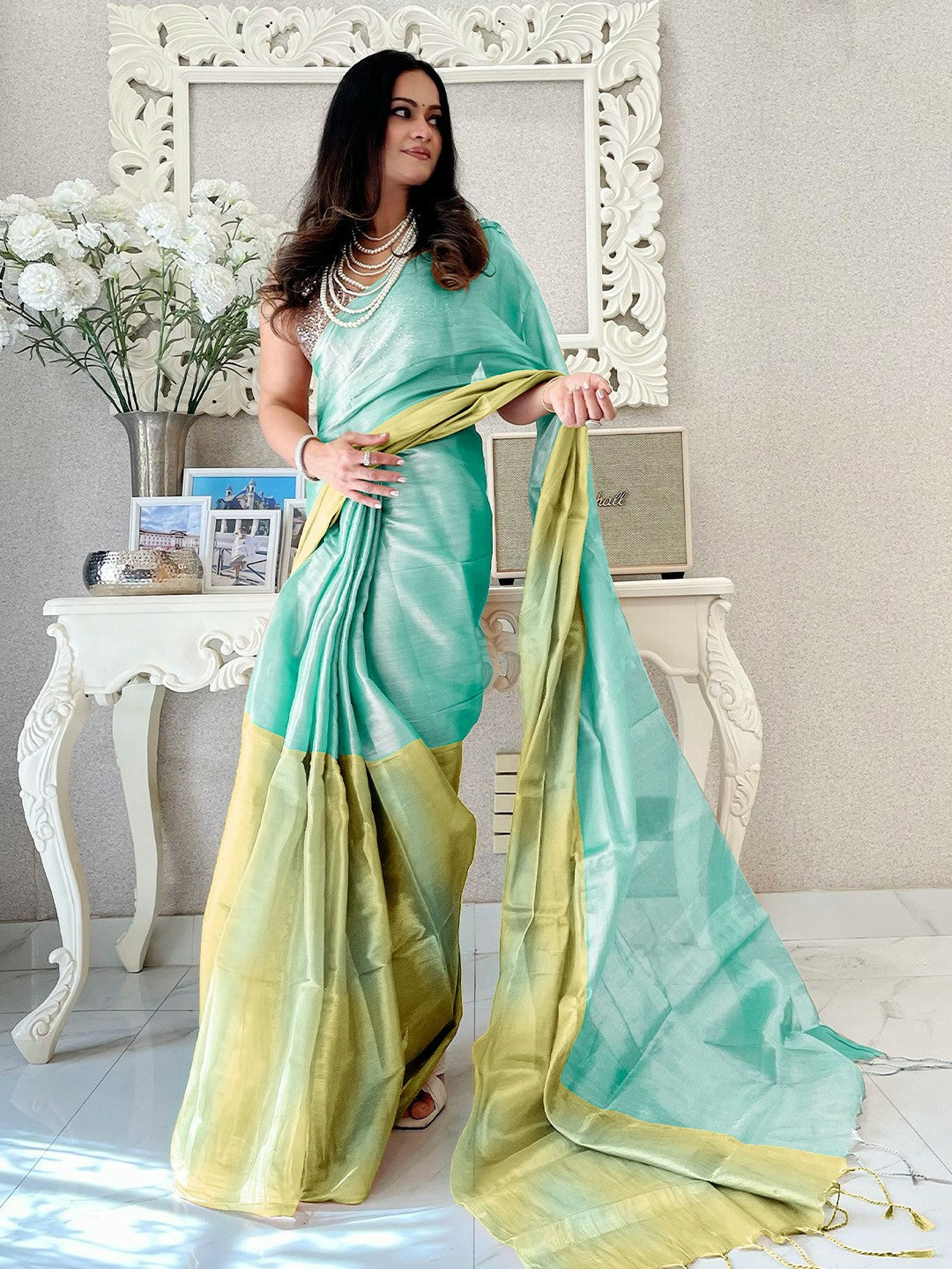Ombre Teal Tissue Designer Saree with Woven Border