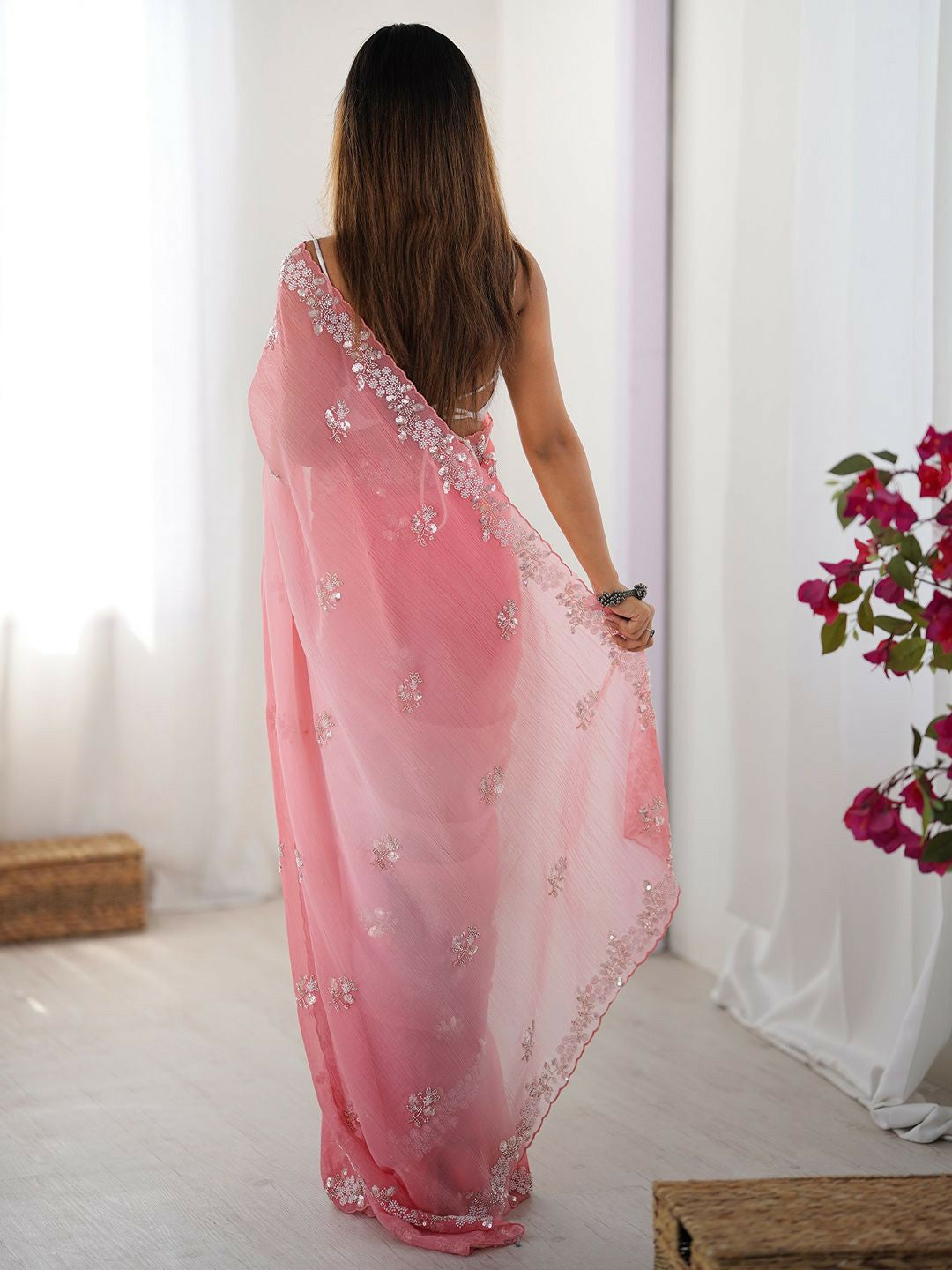 Pink & White Embellished Beads and Stones Pure Chiffon Saree