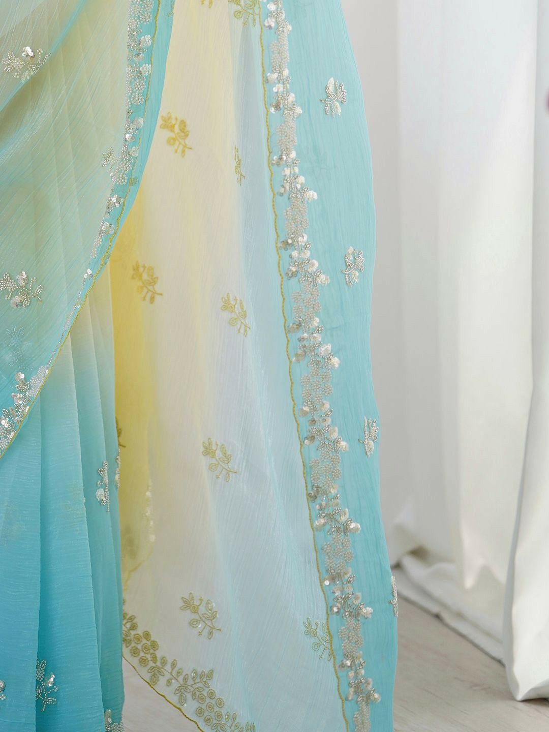 Embellished Beads & Stones Pure Chiffon Yellow & Blue Saree