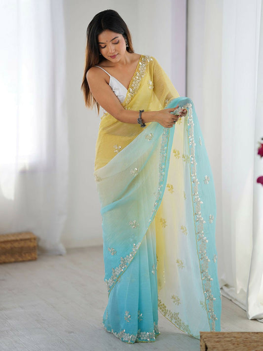 Embellished Beads & Stones Pure Chiffon Yellow & Blue Saree