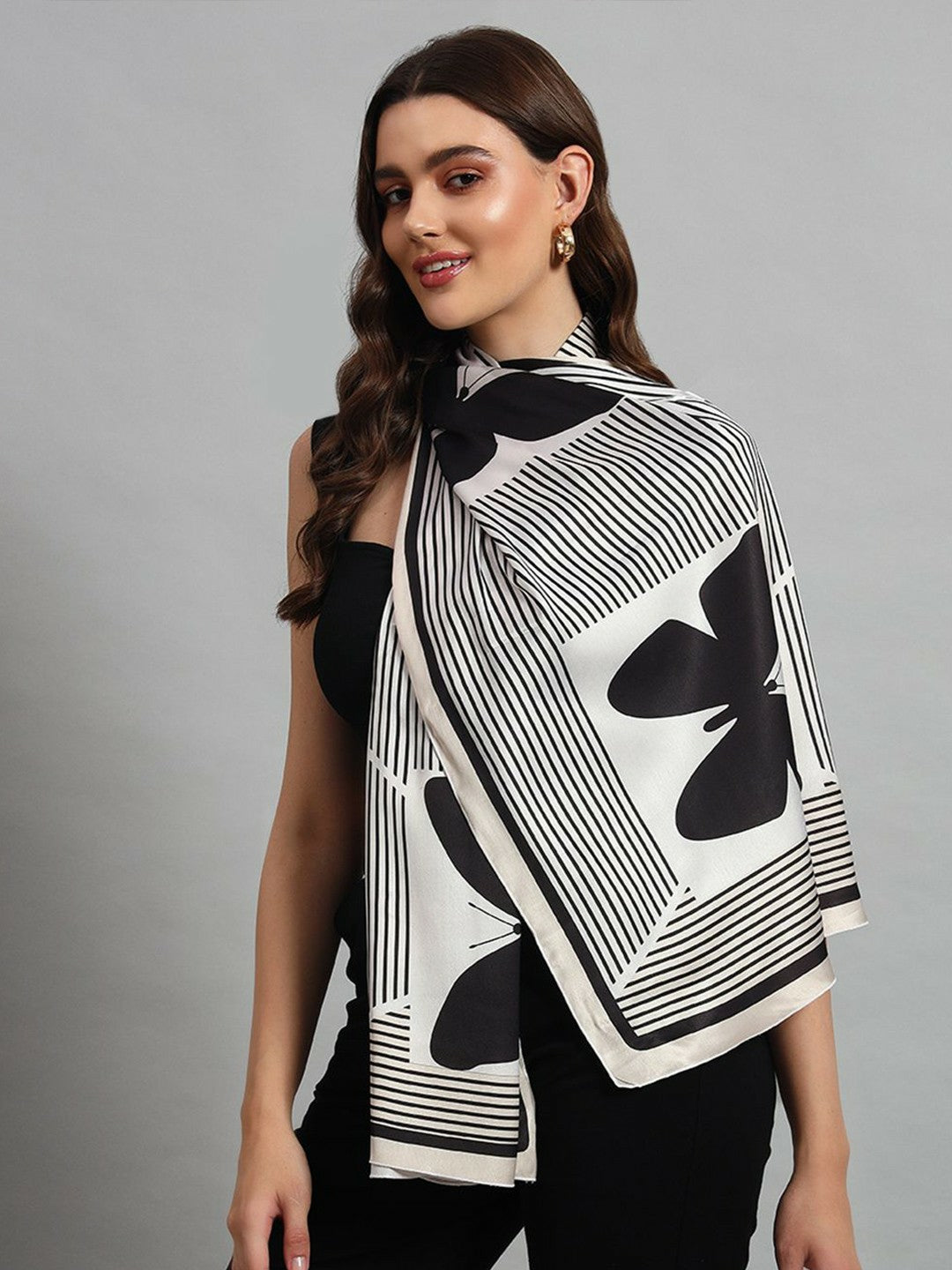 Buy Women Silk Butterfly Printed Scarf – Beige & Black | Indiaista