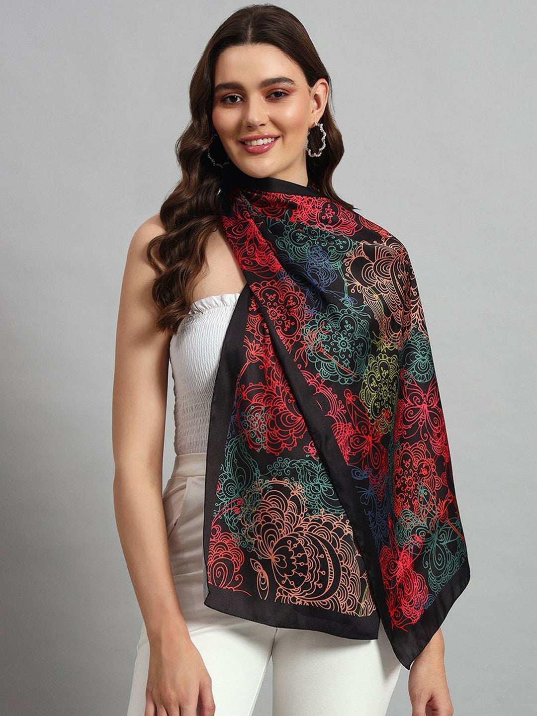 Women Printed Scarf – Elegant Black & Red Design with Solid Border | Indiaista