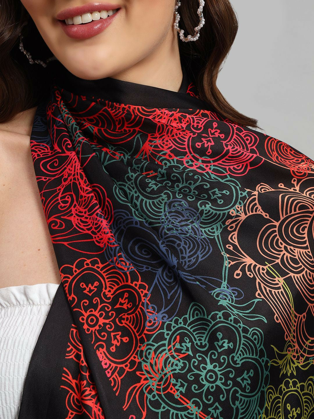 Women Printed Scarf – Elegant Black & Red Design with Solid Border | Indiaista