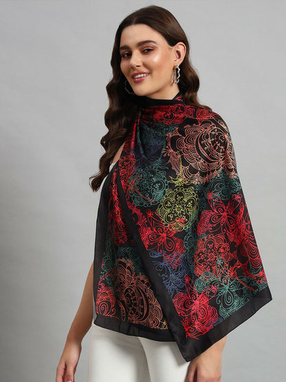 Women Printed Scarf – Elegant Black & Red Design with Solid Border | Indiaista