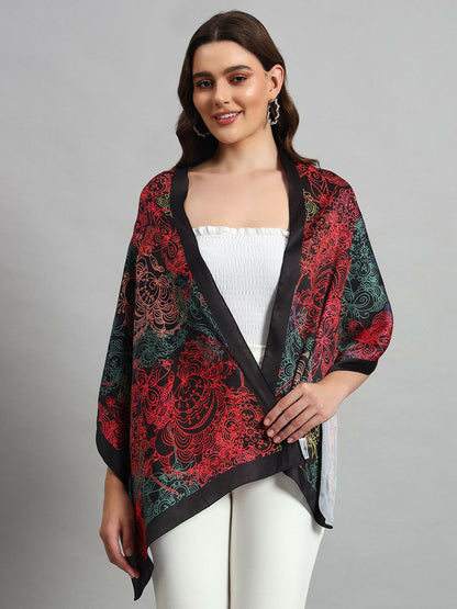 Women Printed Scarf – Elegant Black & Red Design with Solid Border | Indiaista