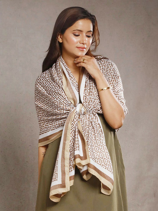 Geometric Printed Scarf – Brown & White | Stylish & Lightweight