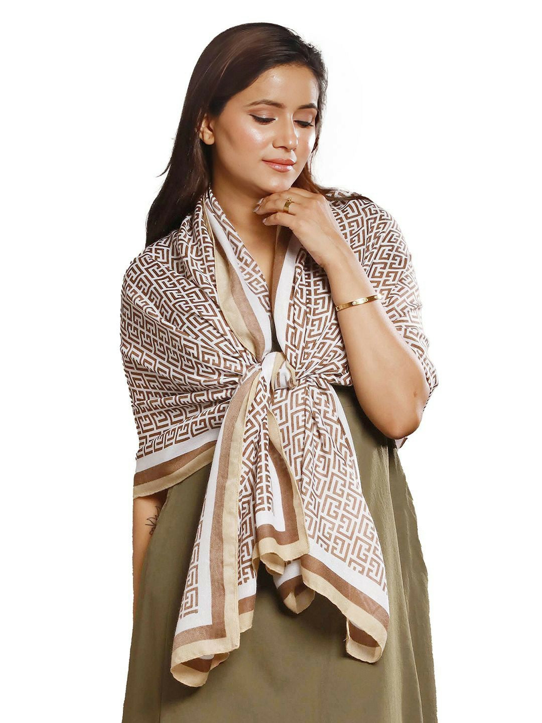 Geometric Printed Scarf – Brown & White | Stylish & Lightweight