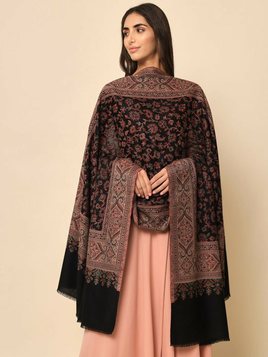 Women Black Woven-Design Shawl – Elegant Floral Pattern | Indiaista