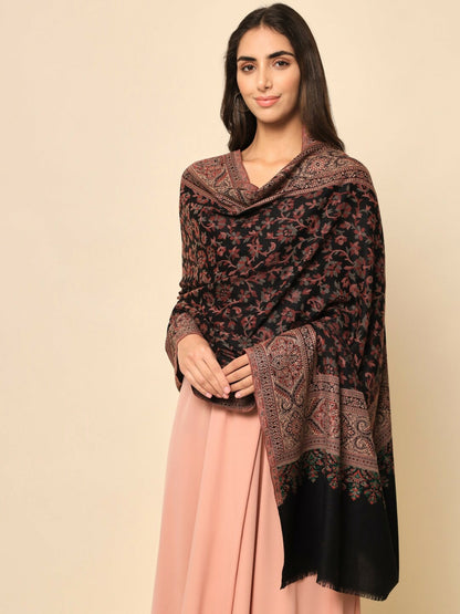 Women Black Woven-Design Shawl – Elegant Floral Pattern | Indiaista