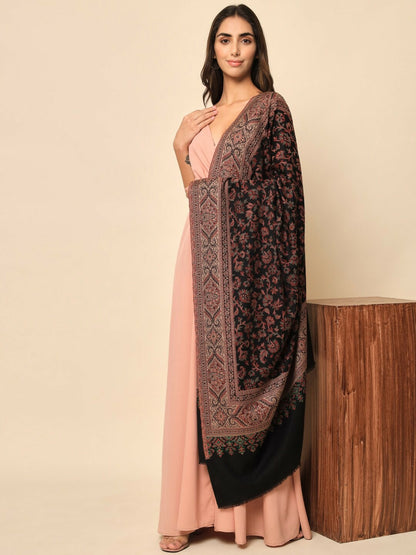 Women Black Woven-Design Shawl – Elegant Floral Pattern | Indiaista