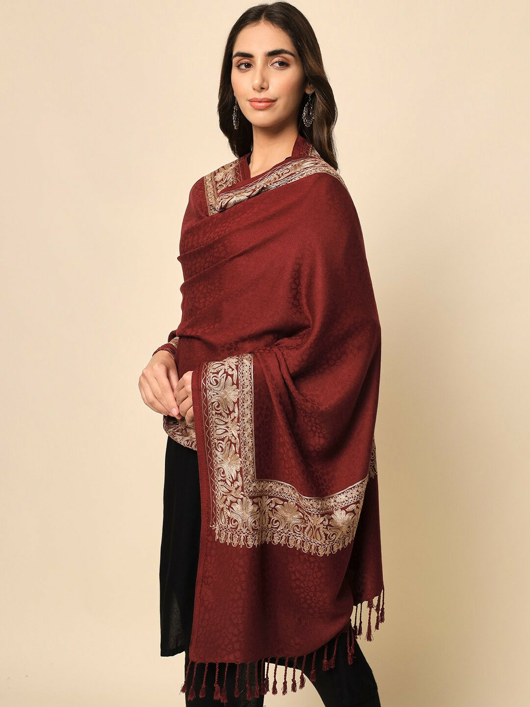 Women Maroon Embroidered Shawl – Elegant & Stylish | Indiaista