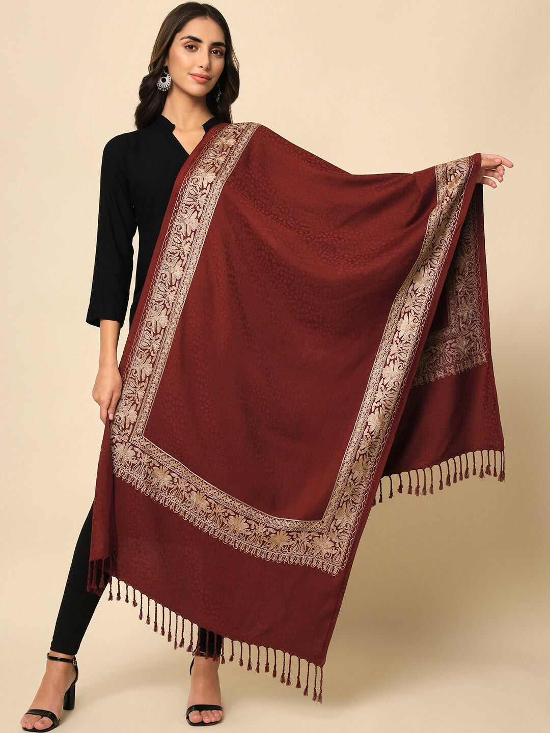 Women Maroon Embroidered Shawl – Elegant & Stylish | Indiaista