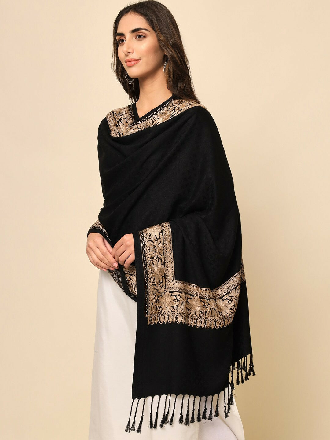 Women Black Embroidered Shawl – Elegant Black & Gold Wrap | Indiaista