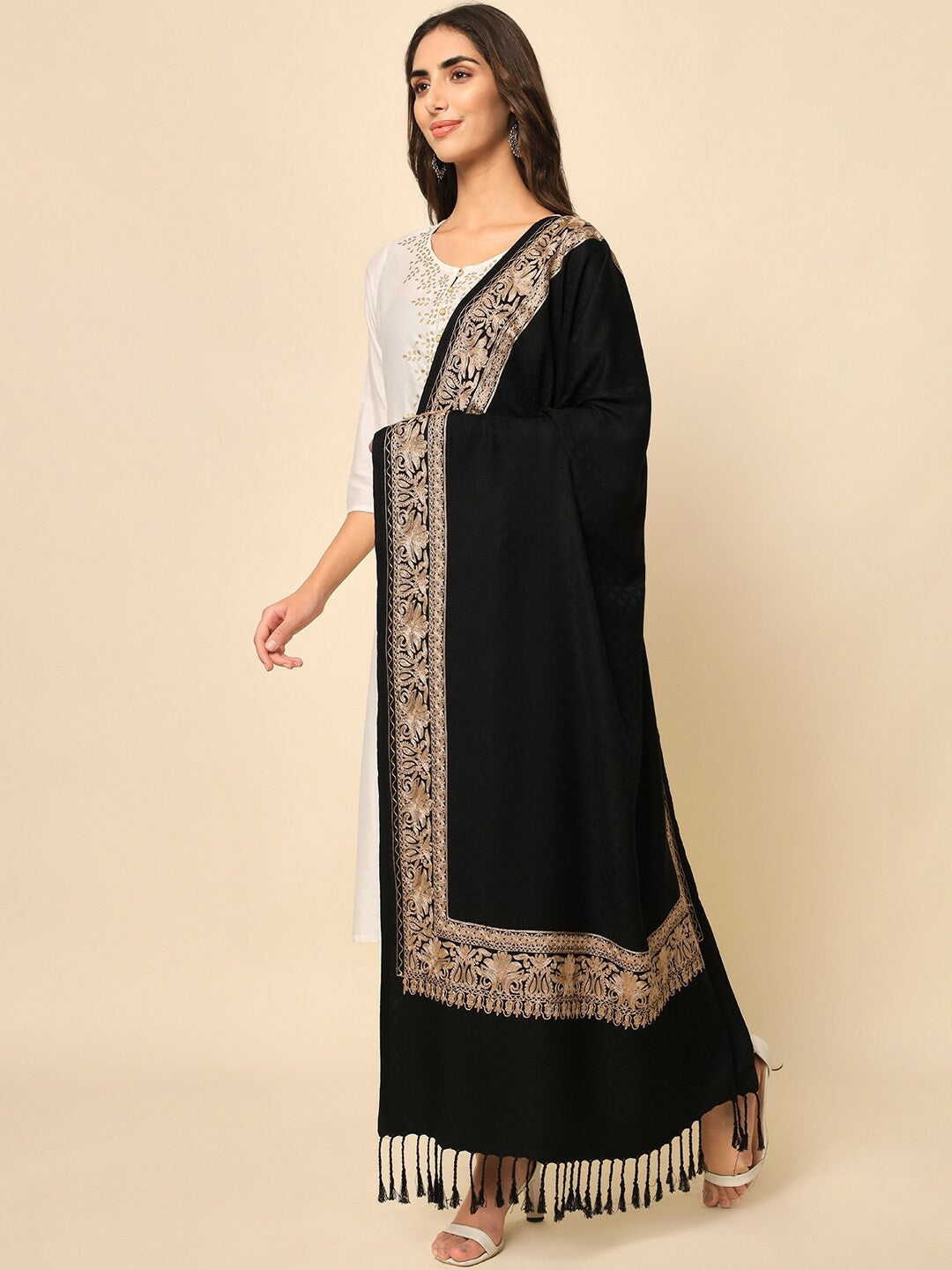 Women Black Embroidered Shawl – Elegant Black & Gold Wrap | Indiaista